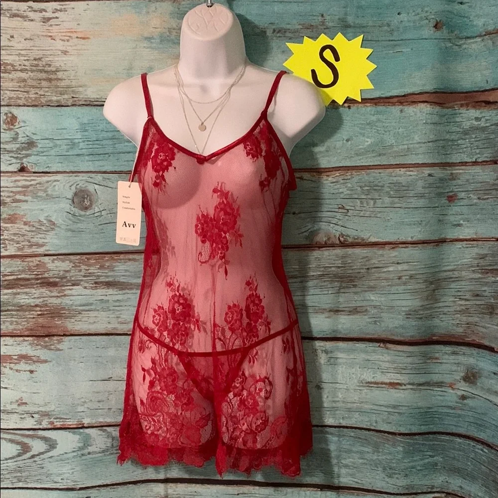Avv | Sz S red lace see through nightg & g-sting 2 piece lingerie set - NWT - Picture 1 of 3
